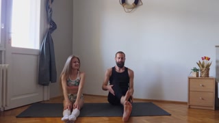 Workout yoga exercise together for the first time