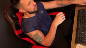 Handjob Sitting in Gamer Chair with Strong Cum Filmed From Above in Secret