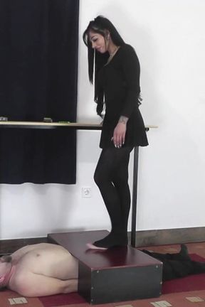 Mistress Cleo in Pantyhose Trample His Slave to Orgasm