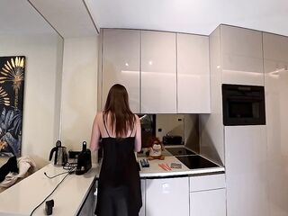 Hawt hawt lengthy legs brunette hair wife in ebony and red fishnet nylons with a satin nightie teases in the kitchen