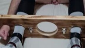 Miss M feet tickling on man locked in stocks in socks