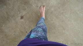Fifi driving barefoot in leggings with navy blue polish *discounted replay in case you missed it*