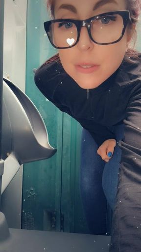Nerdy faery pees in portable toilet