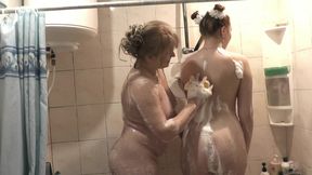 Threesome. Two girls Sex Lesbians Bisexual. Plumber in bathroom washes ass adult mature milf and teen girl. Old and Young. Tits
