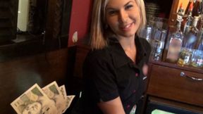 Seductive bartender lures unsuspecting colleague into steamy encounter behind the bar