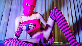 pink balaclava mask sissy trans dyed pubic hair play with a vibrator