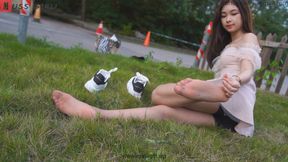 Princess Sam shows off her tiny feet in a cute dress and ultra-thin brown pantyhose outdoors on the lawn in the park