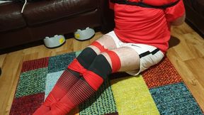 Miss M toy nerfgun and feet tickling fun with a tied up footballer