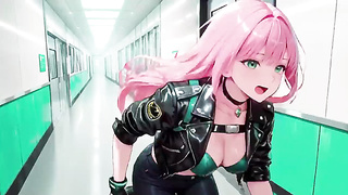 Rosy-Haired Leather Tech! Intimate vibrates in a neon-lit cyber corridor.