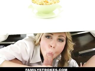 Nasty cutie is sucking shlong like a bitch, from underneath the table, during a family lunch