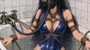 Lily –Swimsuit Self Bondage in the Bathtub with Full-Face Mask, Yellow Nylon Rope and Breath Control