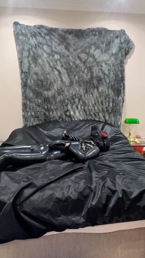 Latex Drone Activation - Gas Mask Transformation in Glossy Black Latex