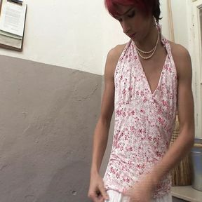 Young man dresses up as a woman and jerks off until he comes