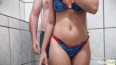 Big Ass Bikini Shower Grinding Drenches Wet Clothes with Bottomless Cum Drips Ruining Panties