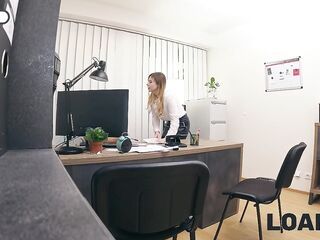 LOAN4K. Blond Maya with large melons is banging a bank worker on the office chair whilst his colleague i