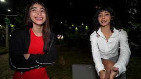 Petite Colombian stunner gets dominated in a public park threesome