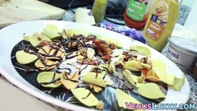 Beautiful Asian ladyboy jerking off to jizz on a food plate