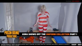 Kora Shows Off The Uniform Collection Part 1 -Behind The Scenes Chat and Interview Style Show and Tell - Trying On Prison, Convict, Jail Uniforms. Jumpsuits, Scrubs, Orange Uniforms, Black & White Stripes, Orange Prison Shoes, Stripping -1080p -MOV