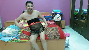 Sexy sissy crossdresser Sweet Lollipop in strapless lingerie, thong, and accessories.