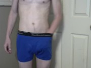 Twink showing off blue polo boxer briefs happy trail and butt