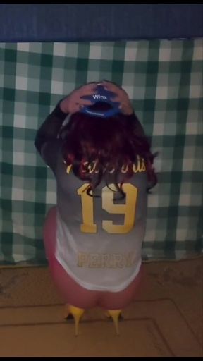 Baseball uniform and red fishnet pantyhose