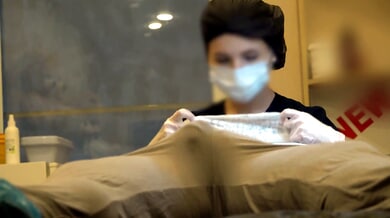 Exhibitionist amateur flashes his massive bulge and whips out his thick cock during a fake doctor's medical exam roleplay