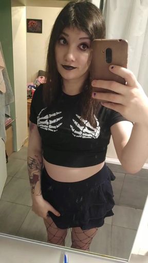 Goth girl flashing dick and ass in front of mirror