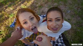 Brunette and Redhead in POV Reality Threesome Outdoors - The Great Outdoor Threesome with Arietta Adams