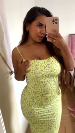 Curvy blonde in yellow dress