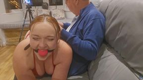 Playful Redhead OTK Spanking & Ballgag Drooling in Metallic Bikini