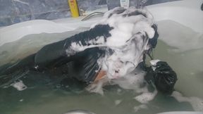 Hair washing wearing latex gloves
