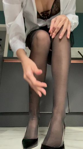 Secretary outfit, black lingerie and stockings, dildo playing