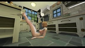Horny girl touches herself in the kitchen
