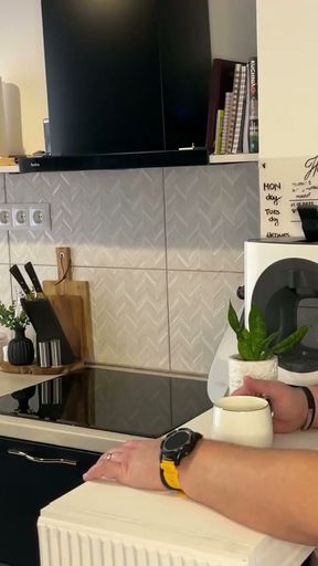 amateur WIFE needed some cream for her coffee so she milked her husband!   Clip 1