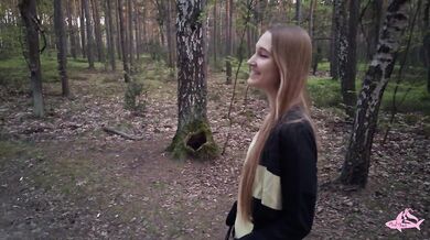 Nympho teen sucks big cock in forest and gushes cum in mouth