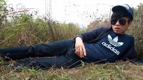 Cute Gay Asian Twink Jon Arteen Speaks French Wanks His Smooth Penis in the Rain, Lubricated with His Saliva Moans Ejaculates