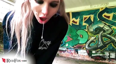 Tattooed blonde takes on a punk in gritty urban graffiti alley for rough outdoor encounter
