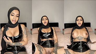 Hoejabi in latex 2 piece being horny slut with BWC dildo