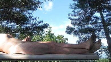 Jerking off a dick in nature, to the singing of birds and crickets.