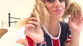 Sexy blonde in high heels gets naked and shows her big boobs