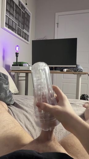 Fucking a clear pocket pussy extremely deep - see through cumshot filling up the toy and loud male moaning   Clip 1