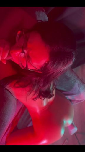 Sucking Dick While I Have a Toy Inside Me with Red and Blue Lighting