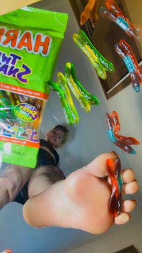 Crushing Gummy Candy Snakes with Soft Pink Soles Giant