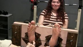New girl Emily's foot tickling audition in the stocks