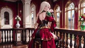 Forbidden Fantasy in Red &amp; Green Armor! Blonde Knight Lounges Seductively While Her Silver -haired Partner Kneels to Serve