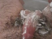 Horny hairy daddy bath time handjob and cum!
