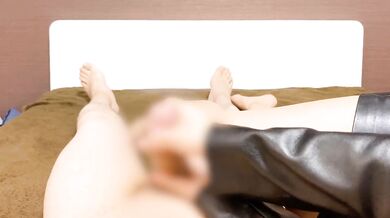 Leather skirt soaked in bukkake cum dripping down thighs