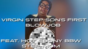 BBW MILF Ebony Step-Mom in Glasses Gives Virgin Step-Som His First Blowjob