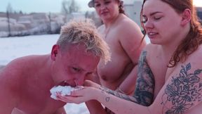 Femdom. Two Busty Women Piss Naked in the Snow, Then Make a Naked Guy Eat and Lick the Yellow Snow.