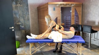 Nasty masseuse gives boy monster cock handjob till he cums